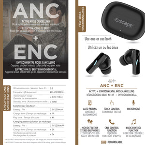 Escape Écouteurs Sans Fil à Réduction de Bruit ANC et ENC avec Étui de Charge, Noir - Simple Boutique