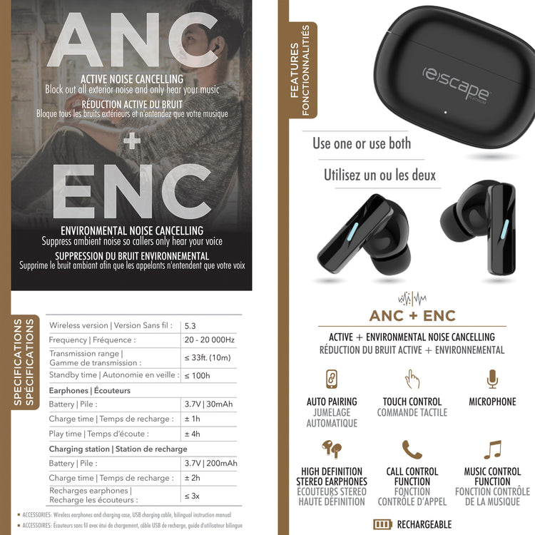 Escape Écouteurs Sans Fil à Réduction de Bruit ANC et ENC avec Étui de Charge, Noir - Simple Boutique