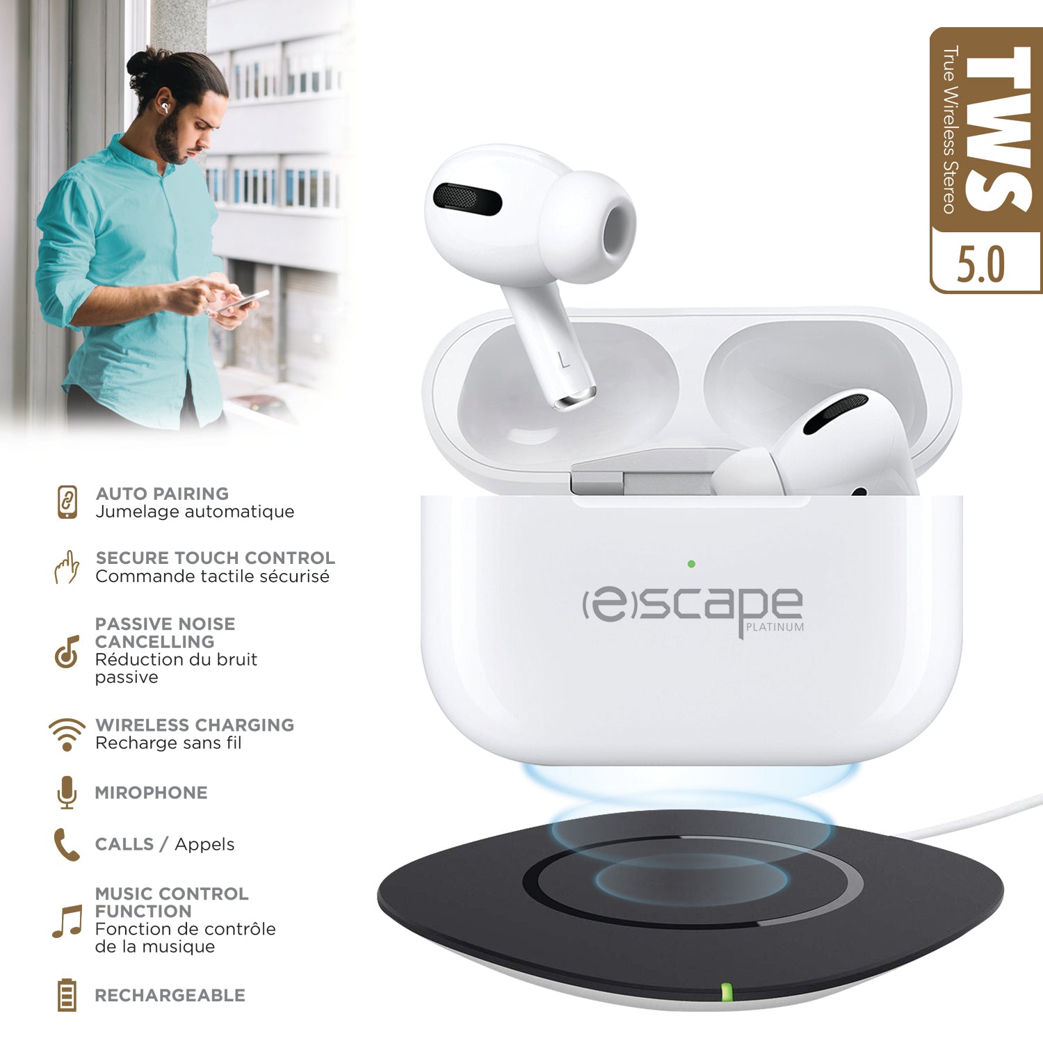 Escape Écouteurs Sans Fil avec Étui à Recharge Sans Fil et Commande Tactile Sécurisée, Blanc - Simple Boutique