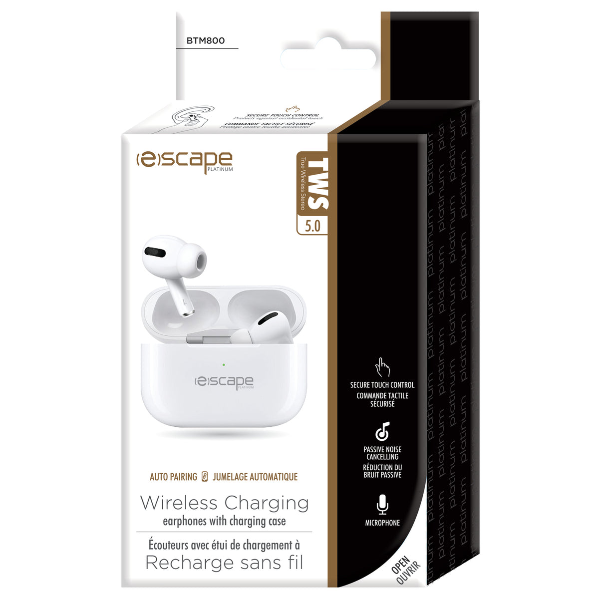 Escape Écouteurs Sans Fil avec Étui à Recharge Sans Fil et Commande Tactile Sécurisée, Blanc - Simple Boutique