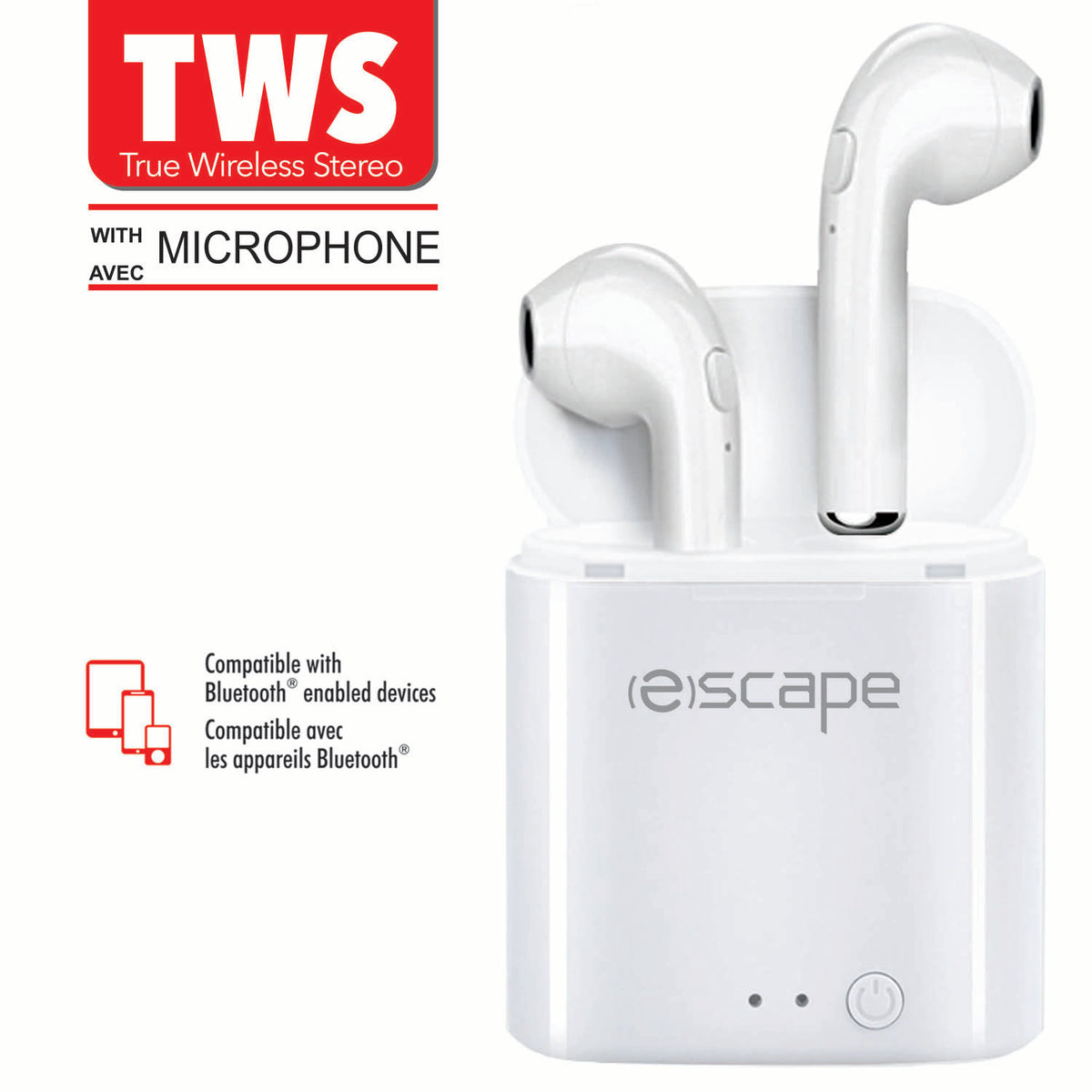 Escape Écouteurs Sans Fil avec Étui de Charge et Microphone, Un ou Deux Écouteurs, Blanc - Simple Boutique