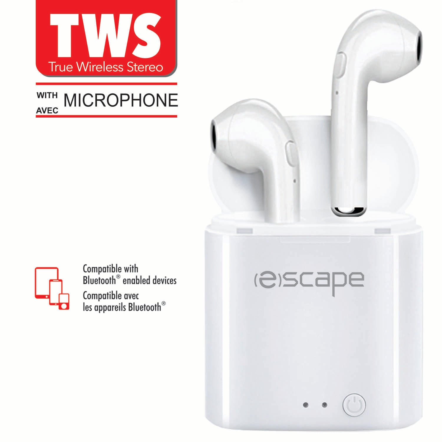 Escape Écouteurs Sans Fil avec Étui de Charge et Microphone, Un ou Deux Écouteurs, Blanc - Simple Boutique