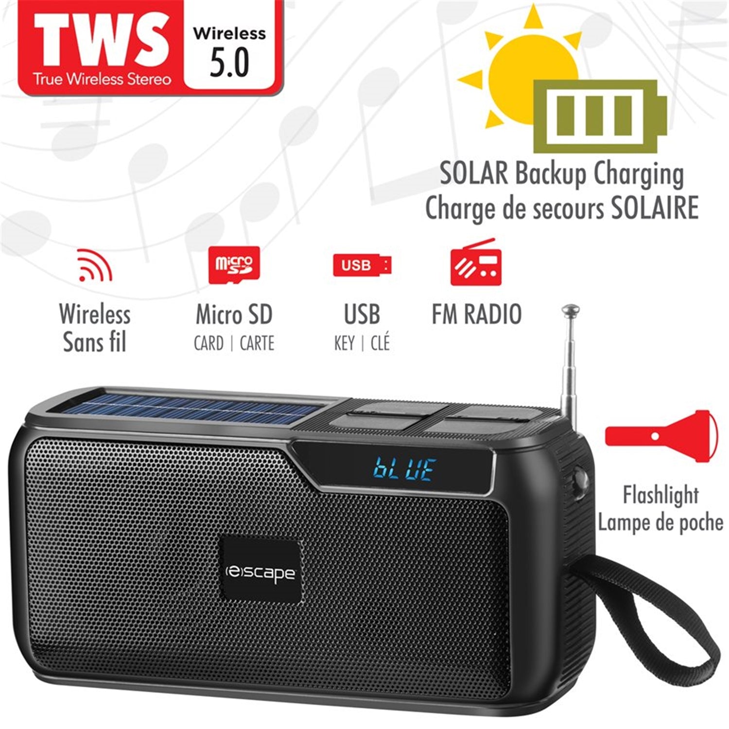 Escape - Haut-Parleur Bluetooth Rechargeable à L'énergie Solaire avec Radio FM et Lampe de Poche, Noir - Simple Boutique