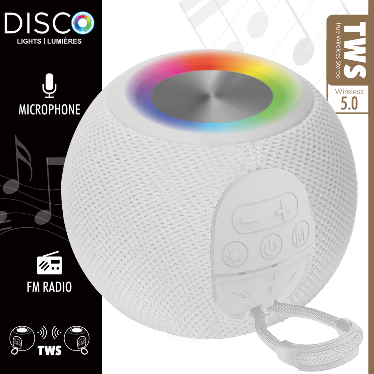 Escape Haut-Parleur Sans Fil Boule avec Lumières Disco, Microphone et Radio FM, Blanc - Simple Boutique