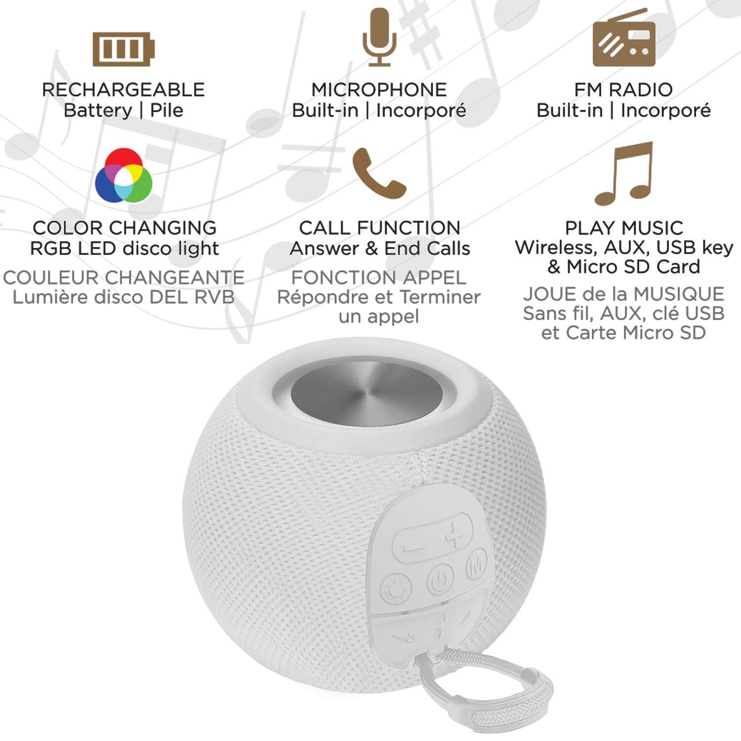 Escape Haut-Parleur Sans Fil Boule avec Lumières Disco, Microphone et Radio FM, Blanc - Simple Boutique