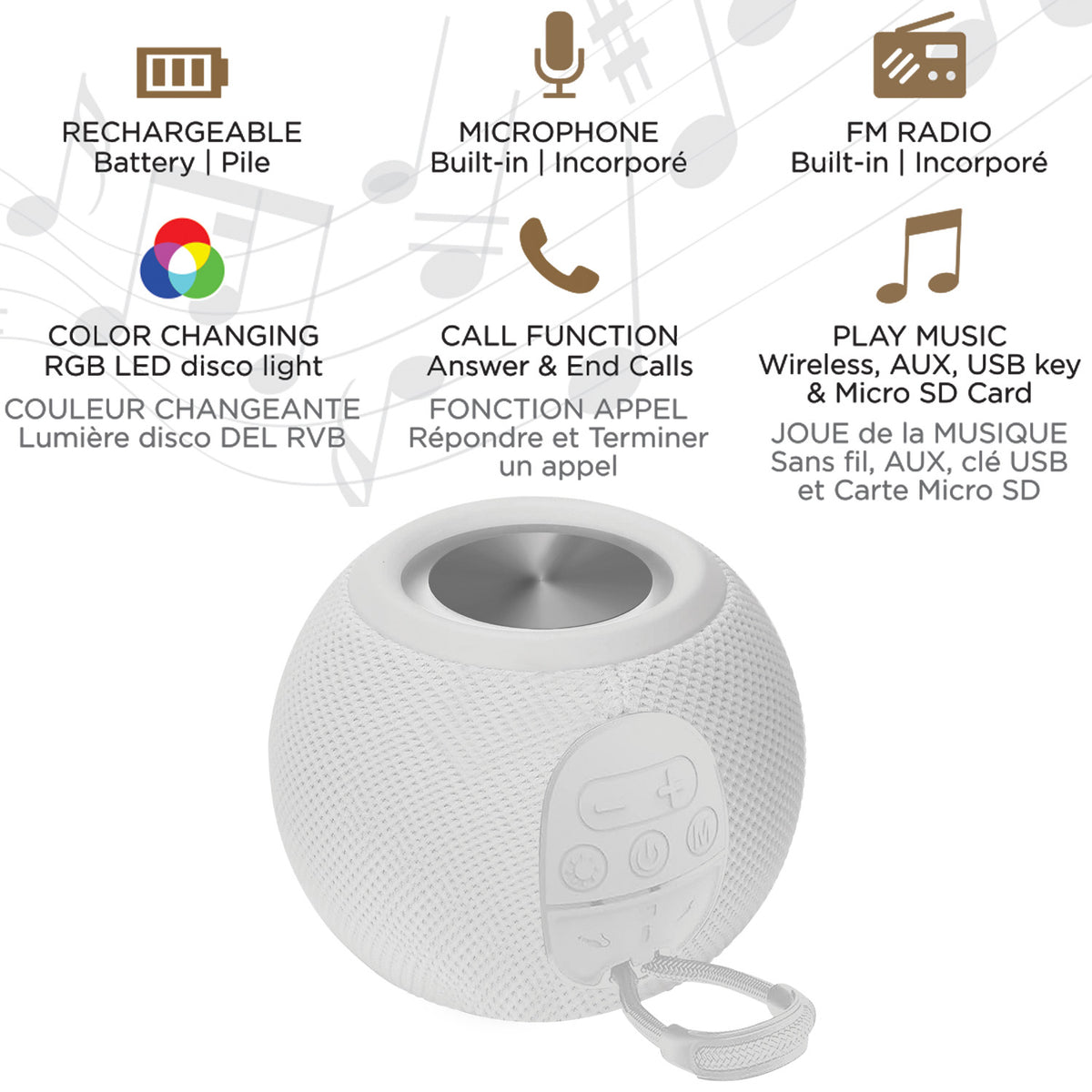 Escape Haut-Parleur Sans Fil Boule avec Lumières Disco, Microphone et Radio FM, Blanc - Simple Boutique