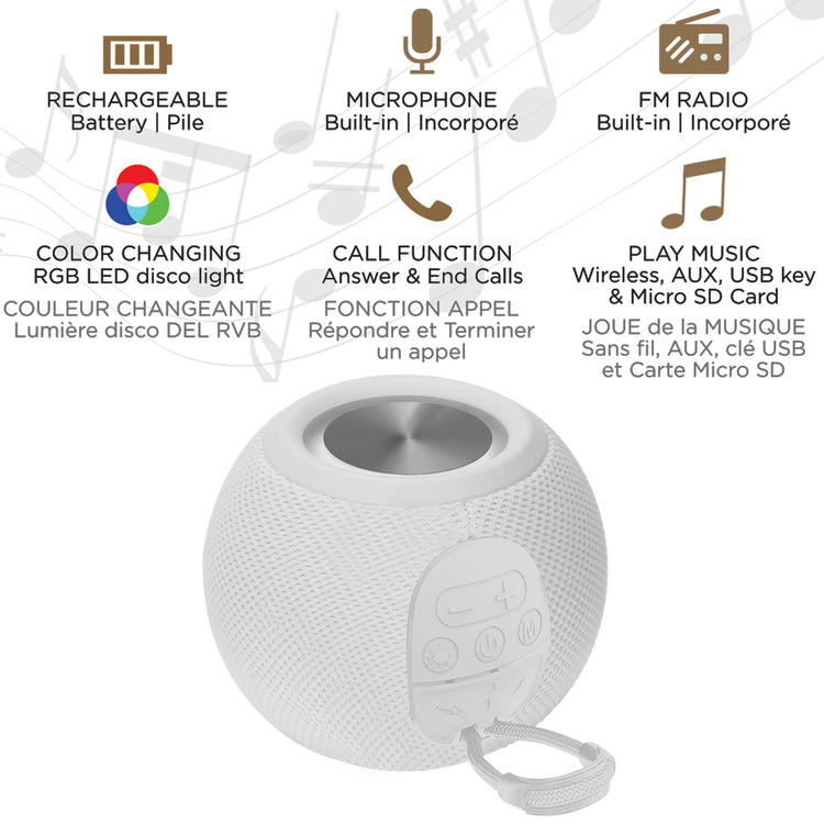 Escape Haut-Parleur Sans Fil Boule avec Lumières Disco, Microphone et Radio FM, Blanc - Simple Boutique