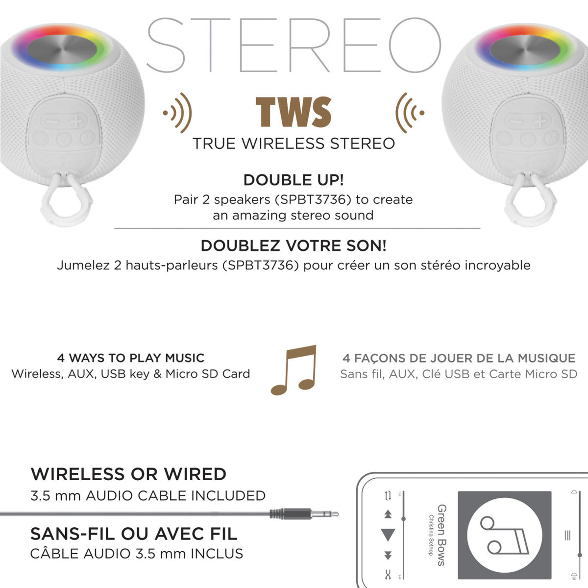 Escape Haut-Parleur Sans Fil Boule avec Lumières Disco, Microphone et Radio FM, Blanc - Simple Boutique