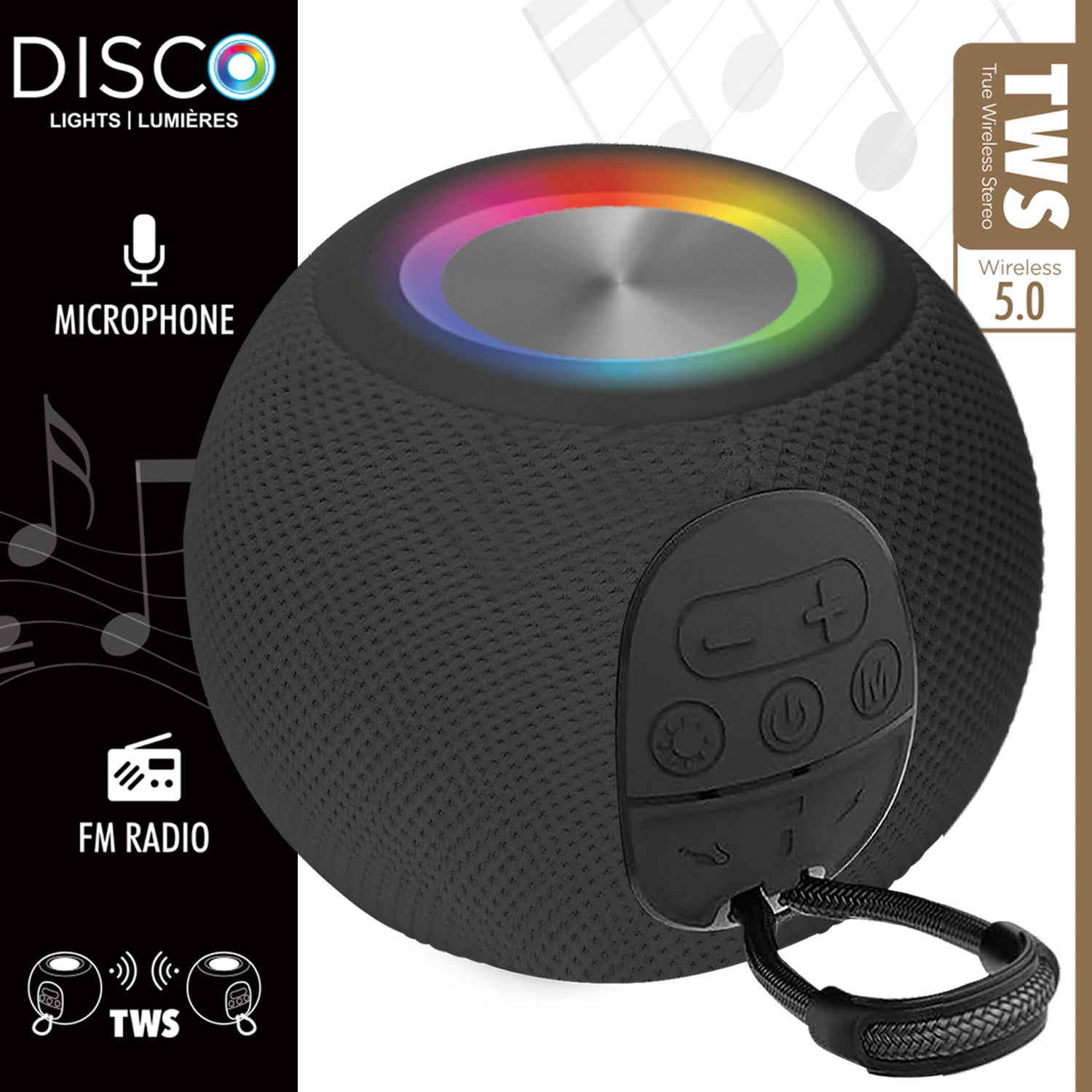 Escape Haut-Parleur Sans Fil Boule avec Lumières Disco, Microphone et Radio FM, Noir - Simple Boutique