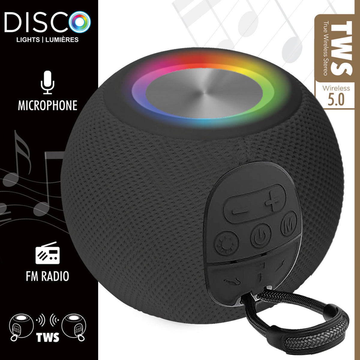 Escape Haut-Parleur Sans Fil Boule avec Lumières Disco, Microphone et Radio FM, Noir - Simple Boutique