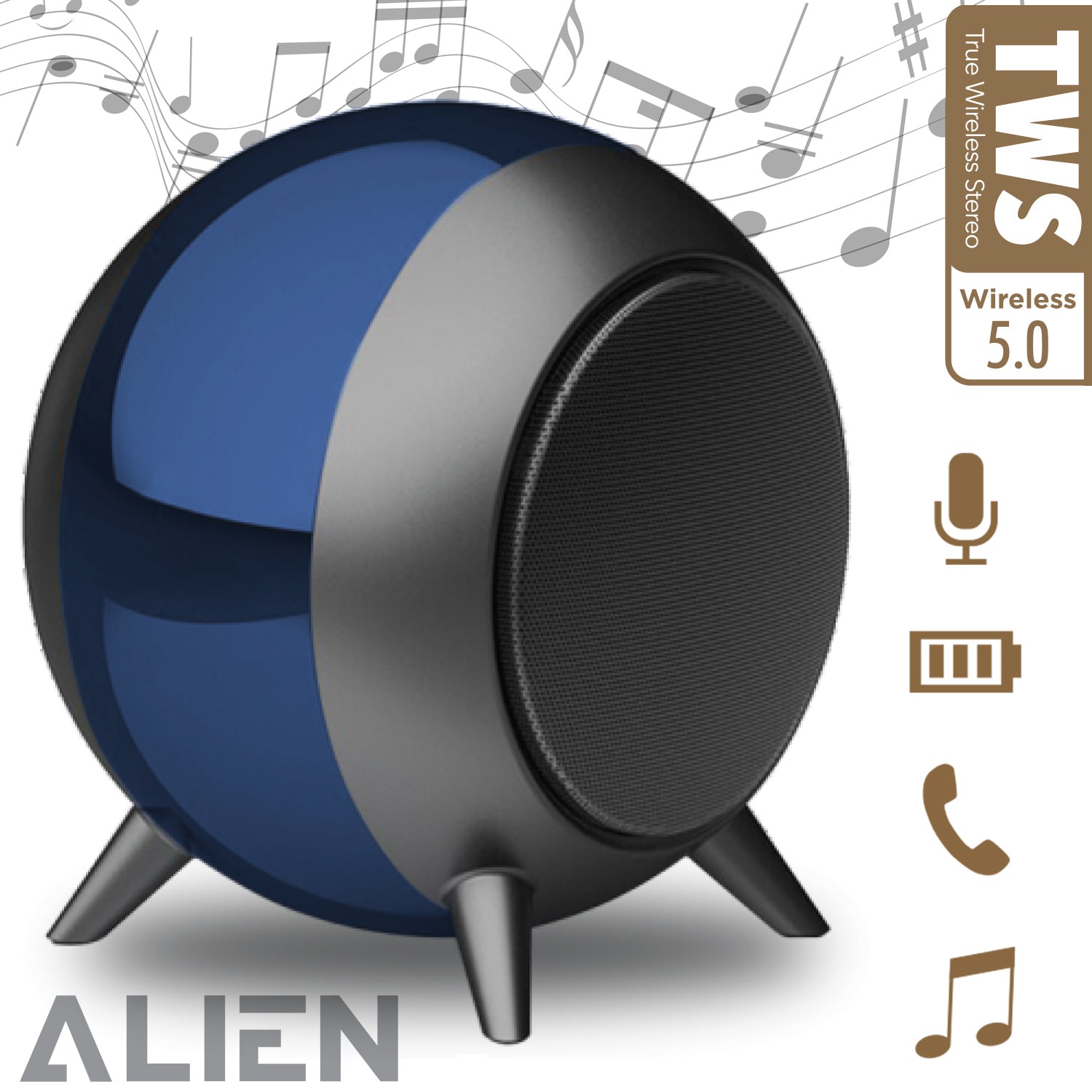 Escape Haut-Parleur Sans Fil Boule en Métal 5 W avec Microphone, Bleu et Gris - Simple Boutique