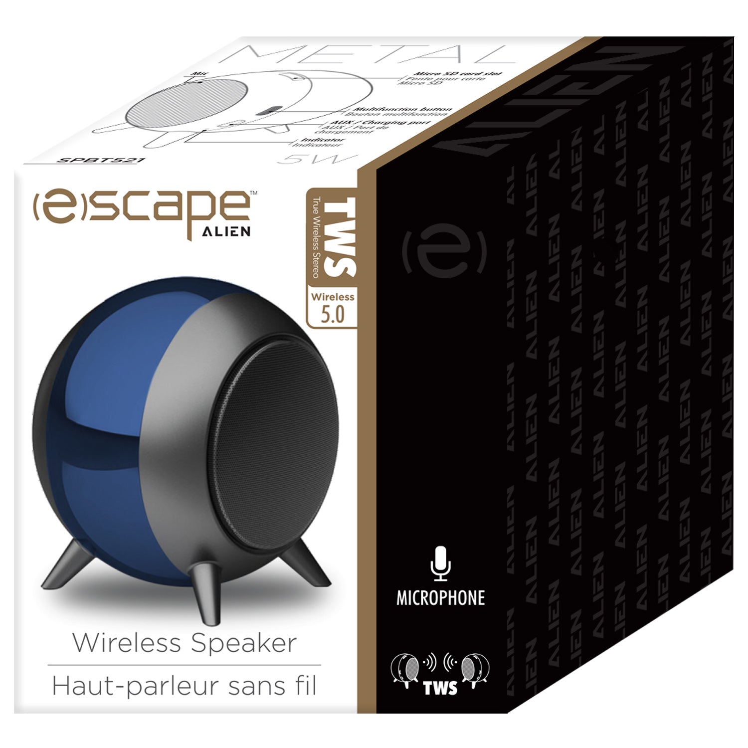 Escape Haut-Parleur Sans Fil Boule en Métal 5 W avec Microphone, Bleu et Gris - Simple Boutique
