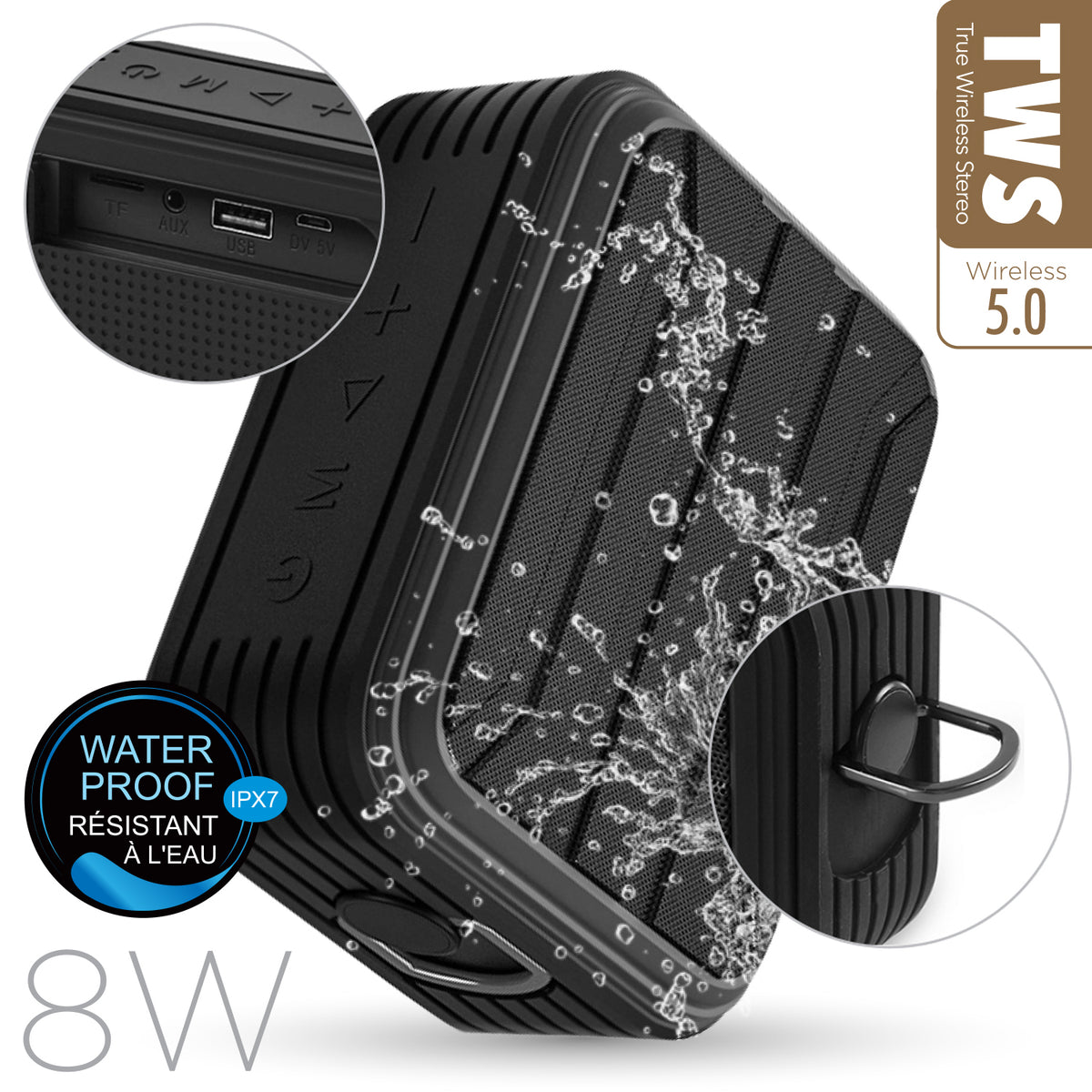 Escape Haut-Parleur Sans Fil Étanche IPX7 8 W avec Microphone, Noir - Simple Boutique