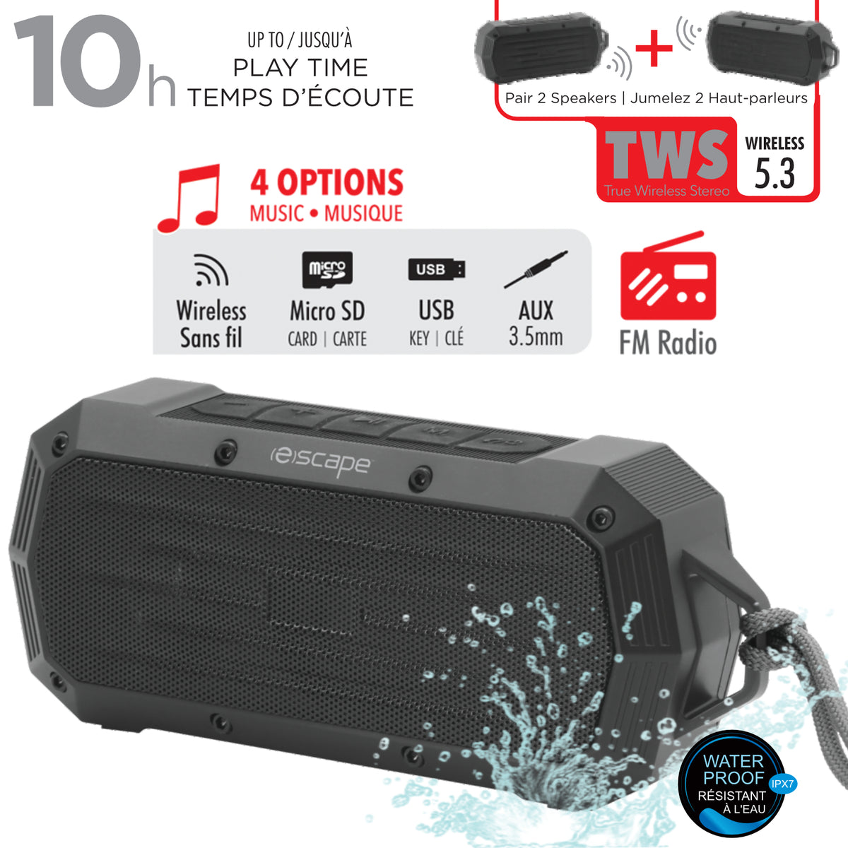 Escape Haut-Parleur Sans Fil Étanche IPX7 avec Radio FM, 10 h d'Autonomie, Noir - Simple Boutique