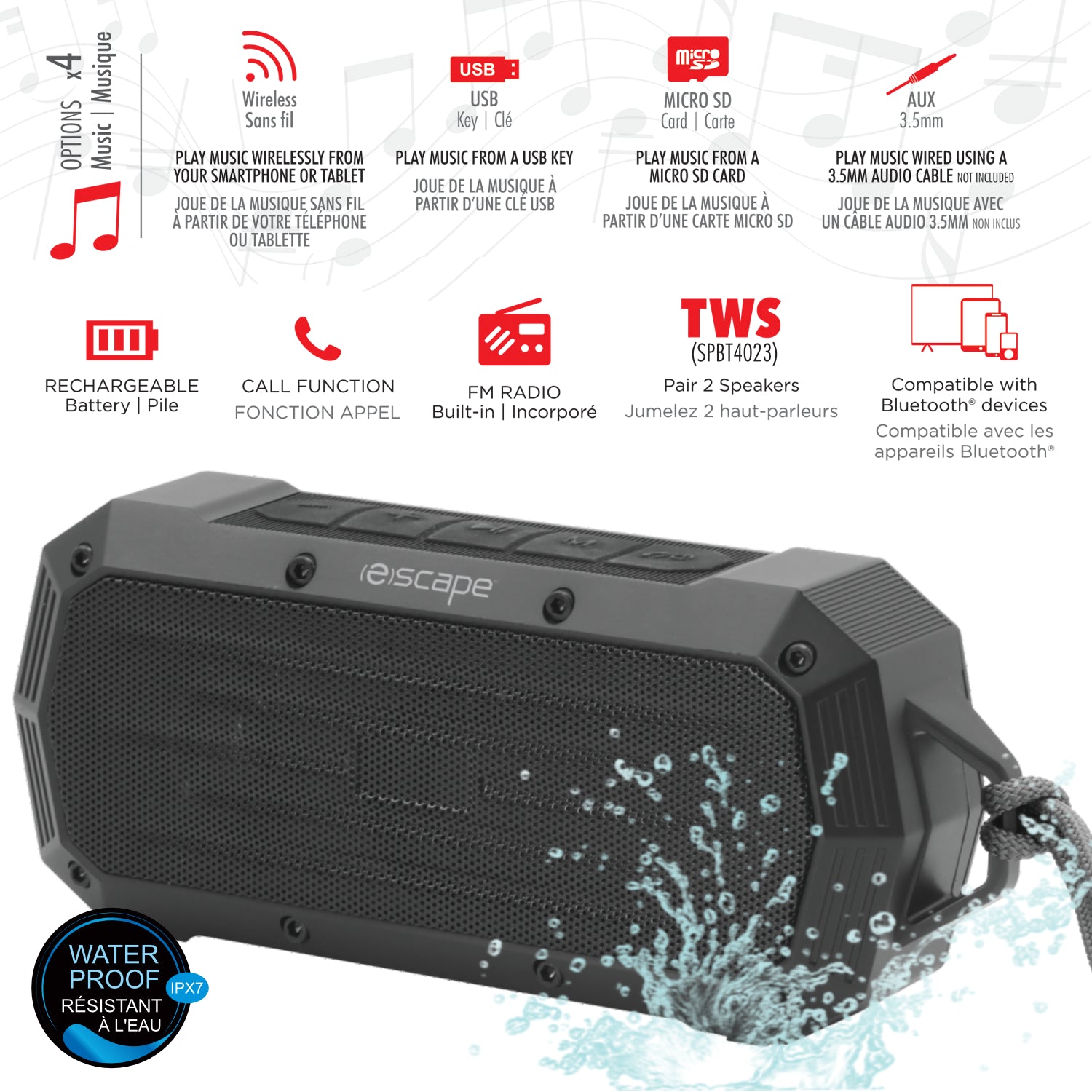Escape Haut-Parleur Sans Fil Étanche IPX7 avec Radio FM, 10 h d'Autonomie, Noir - Simple Boutique