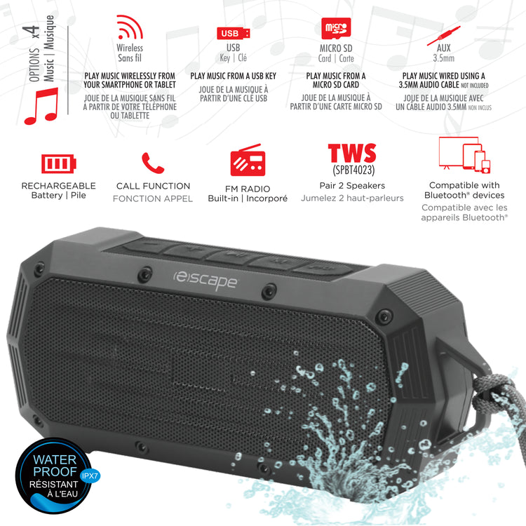 Escape Haut-Parleur Sans Fil Étanche IPX7 avec Radio FM, 10 h d'Autonomie, Noir - Simple Boutique