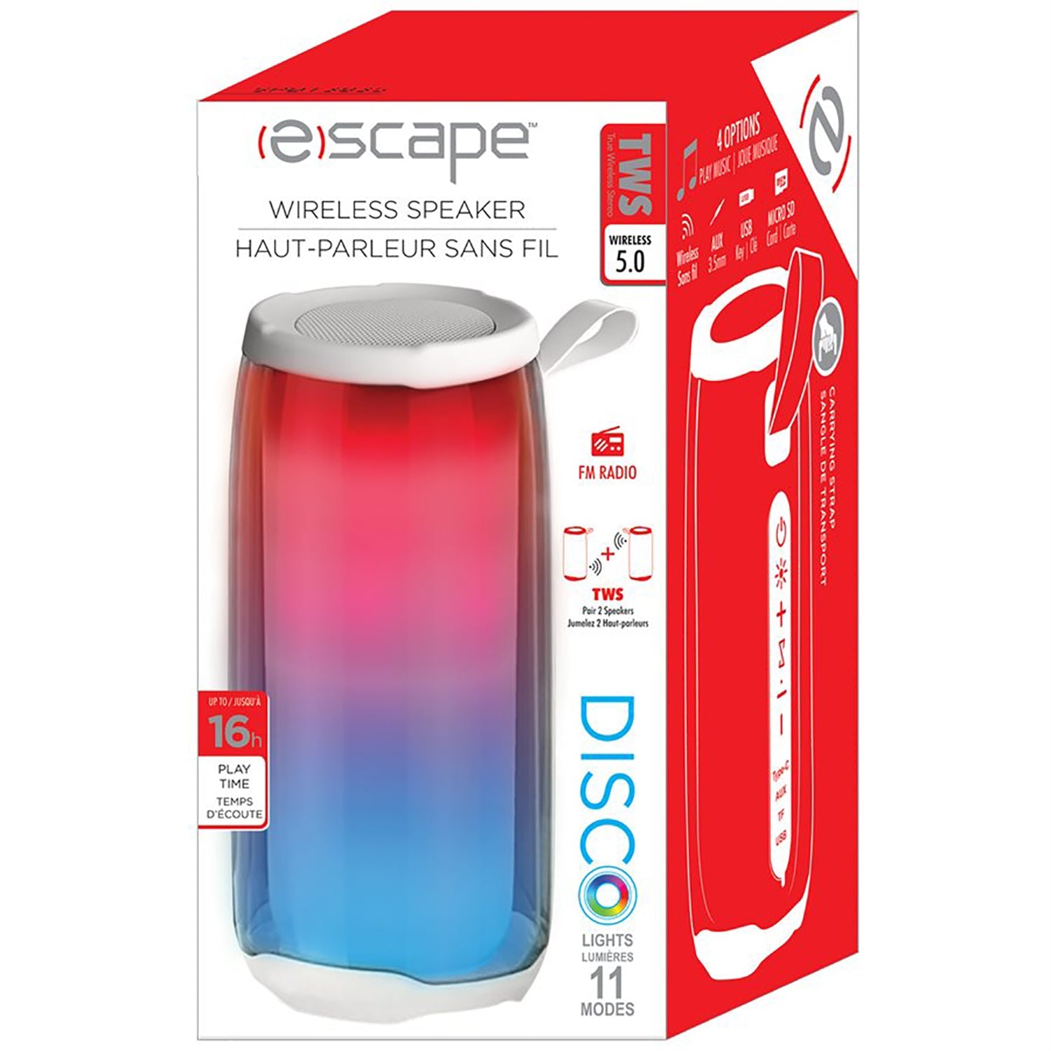Escape - Haut-Parleur Sans-Fil Portable avec Microphone, Radio FM et Éclairage Disco, Blanc - Simple Boutique