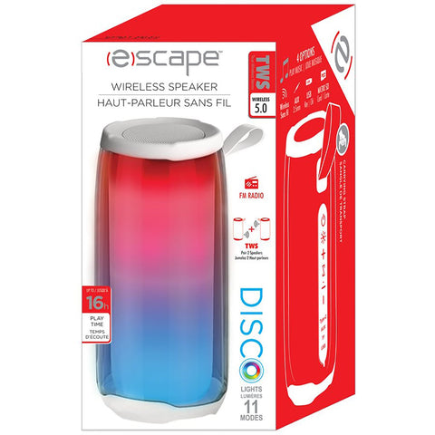 Escape - Haut-Parleur Sans-Fil Portable avec Microphone, Radio FM et Éclairage Disco, Blanc