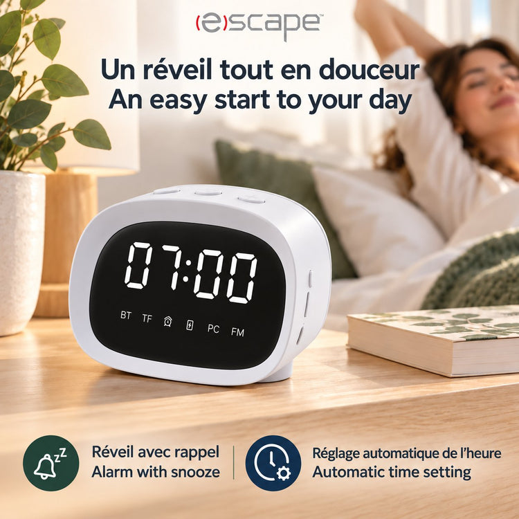 Escape Haut-Parleur Sans Fil Réveil à Finition Miroir, Réglage Automatique de l'Heure, Radio FM, Blanc - Simple Boutique