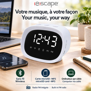 Escape Haut-Parleur Sans Fil Réveil à Finition Miroir, Réglage Automatique de l'Heure, Radio FM, Blanc - Simple Boutique