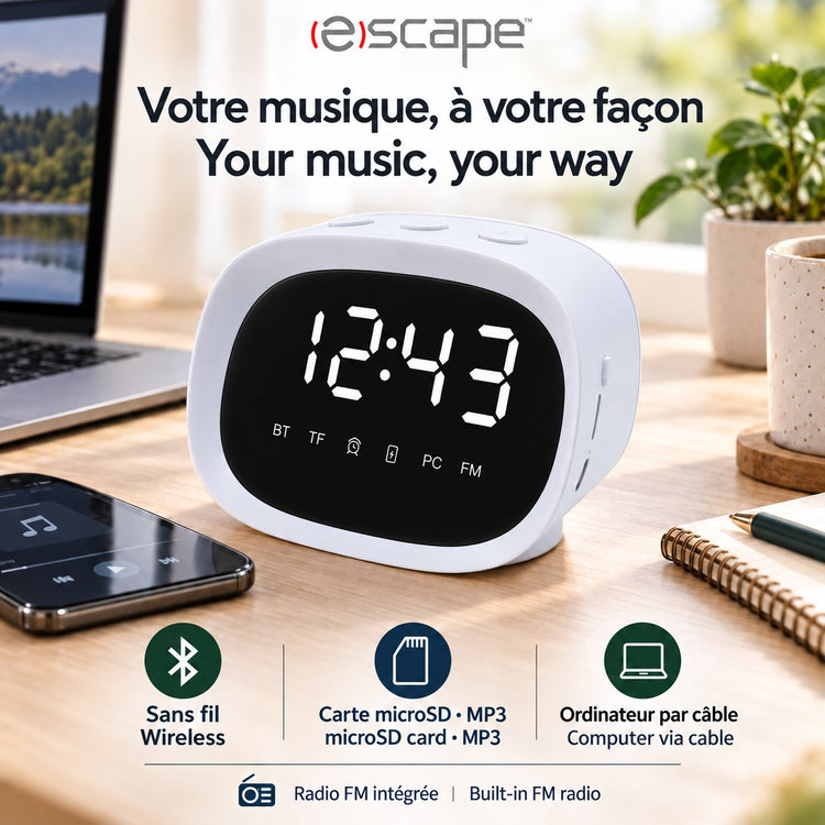 Escape Haut-Parleur Sans Fil Réveil à Finition Miroir, Réglage Automatique de l'Heure, Radio FM, Blanc - Simple Boutique