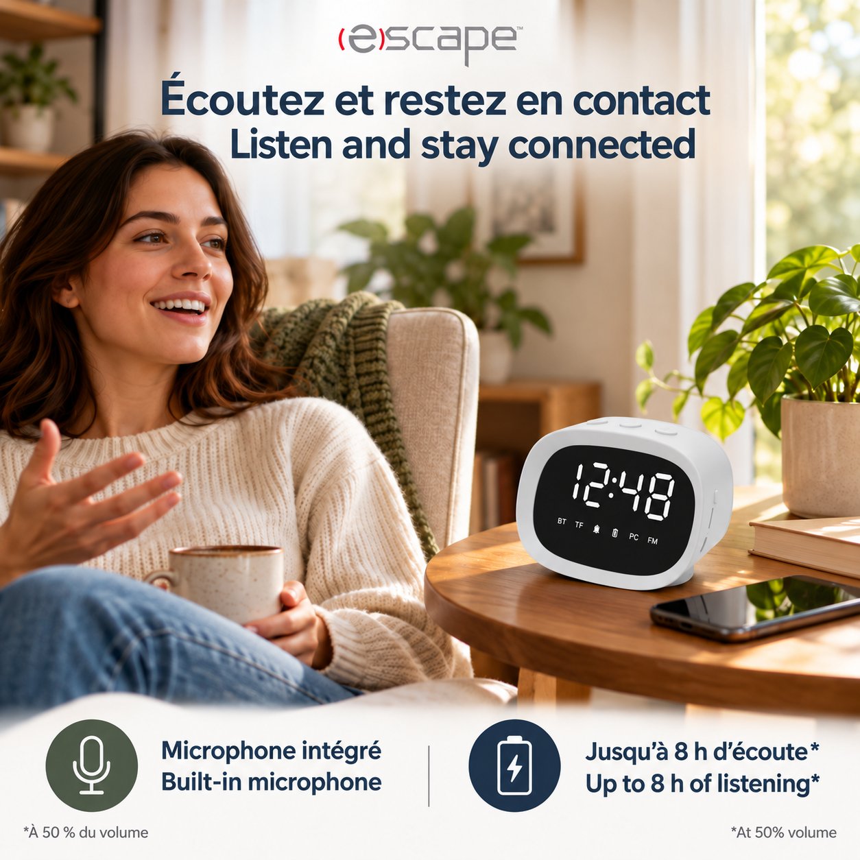 Escape Haut-Parleur Sans Fil Réveil à Finition Miroir, Réglage Automatique de l'Heure, Radio FM, Blanc - Simple Boutique