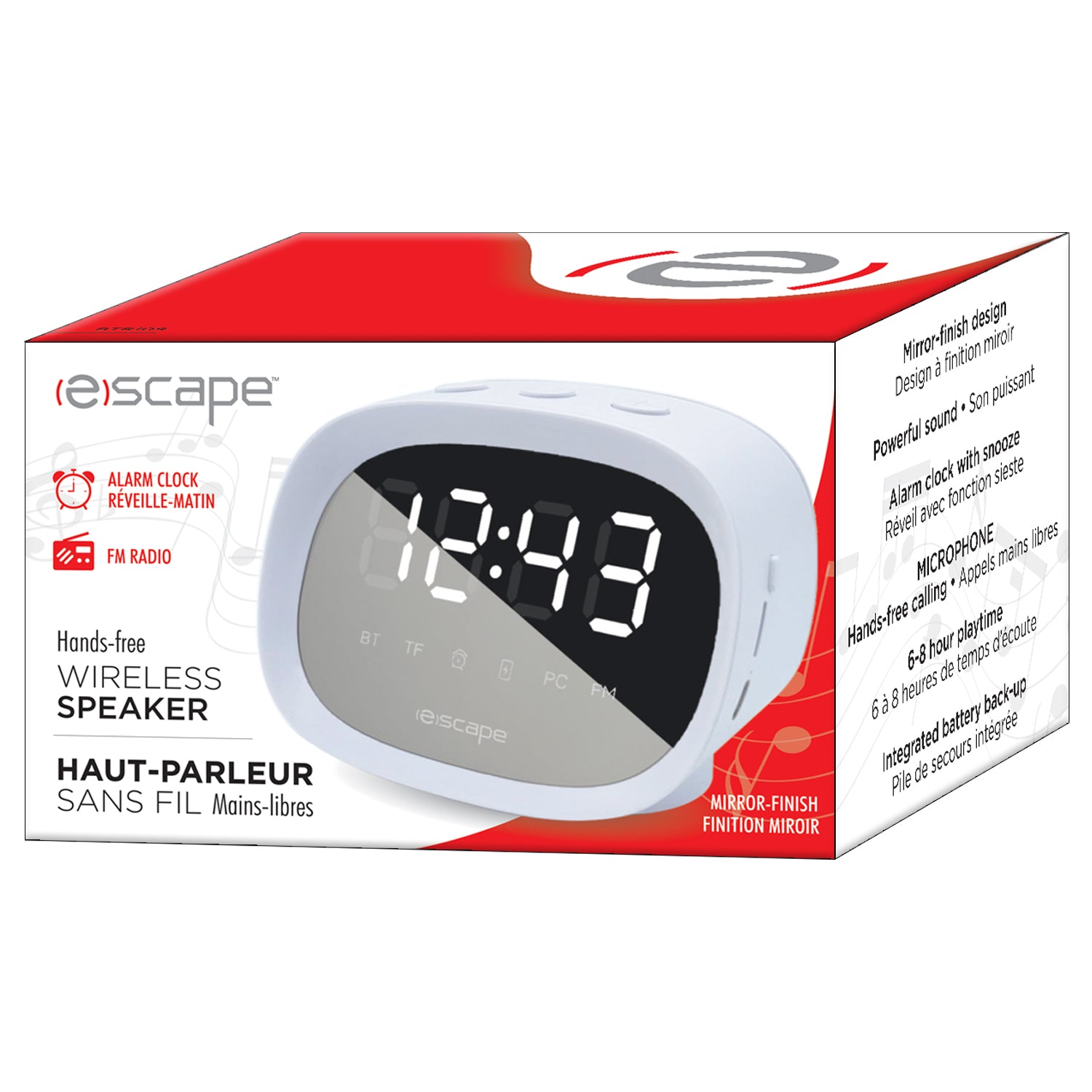Escape Haut-Parleur Sans Fil Réveil à Finition Miroir, Réglage Automatique de l'Heure, Radio FM, Blanc - Simple Boutique
