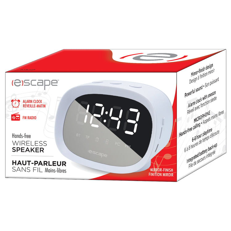 Escape Haut-Parleur Sans Fil Réveil à Finition Miroir, Réglage Automatique de l'Heure, Radio FM, Blanc - Simple Boutique