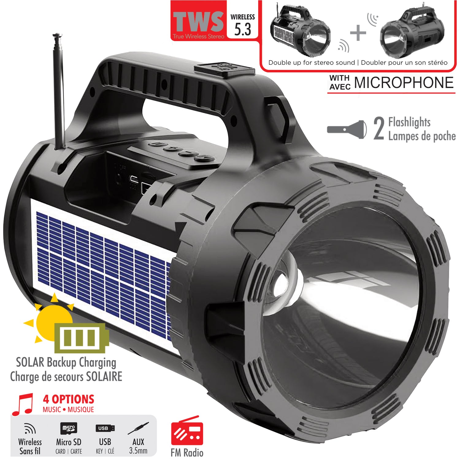 Escape Haut-Parleur Sans Fil Solaire avec Deux Lampes de Poche, Radio FM et Microphone, Noir - Simple Boutique