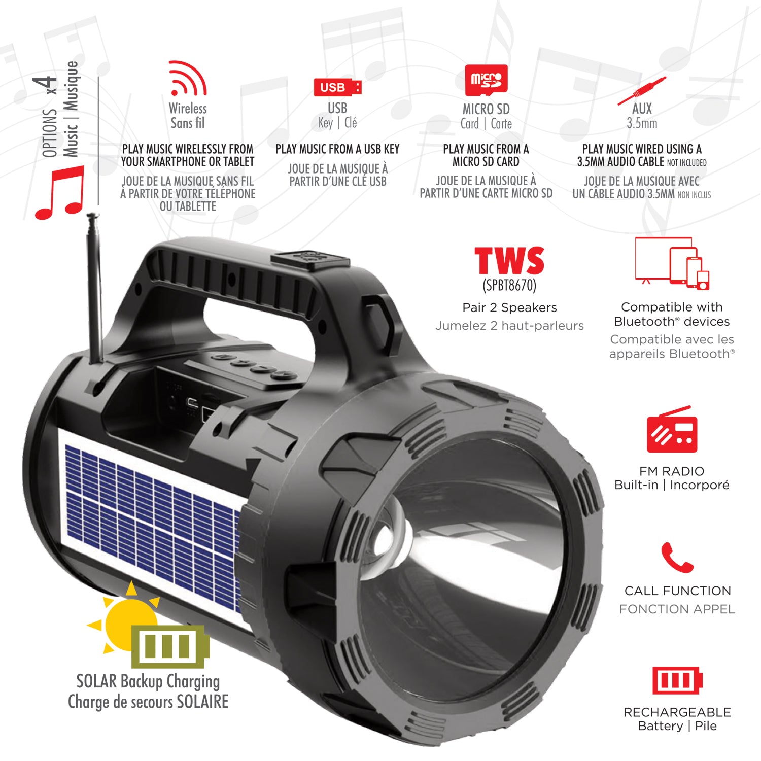 Escape Haut-Parleur Sans Fil Solaire avec Deux Lampes de Poche, Radio FM et Microphone, Noir - Simple Boutique