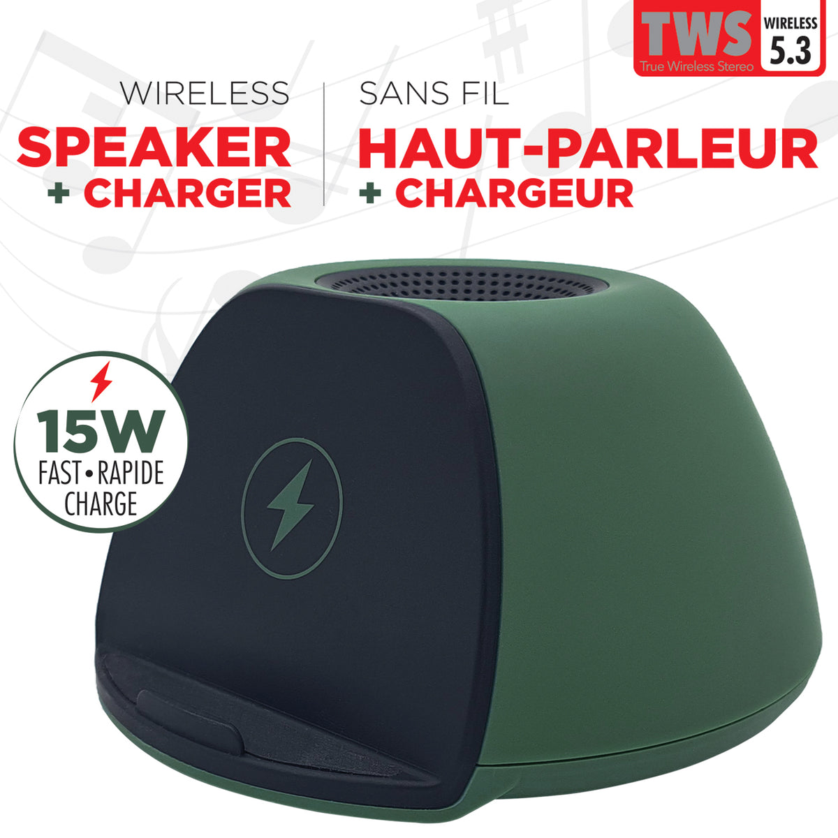Escape Haut-Parleur Sans Fil avec Chargeur Sans Fil Rapide 15 W et Support de Téléphone, Vert - Simple Boutique