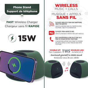 Escape Haut-Parleur Sans Fil avec Chargeur Sans Fil Rapide 15 W et Support de Téléphone, Vert - Simple Boutique