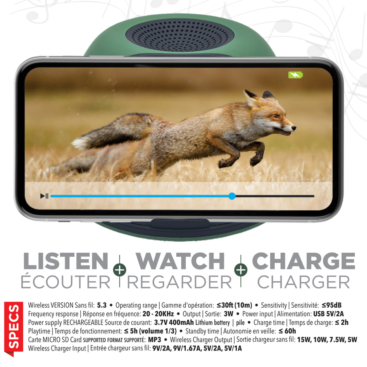 Escape Haut-Parleur Sans Fil avec Chargeur Sans Fil Rapide 15 W et Support de Téléphone, Vert - Simple Boutique