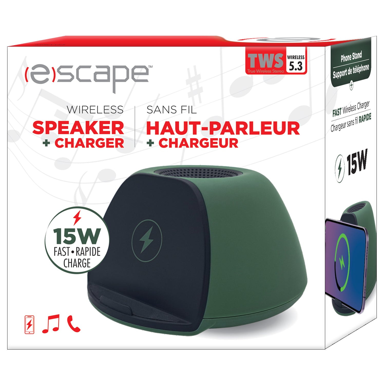 Escape Haut-Parleur Sans Fil avec Chargeur Sans Fil Rapide 15 W et Support de Téléphone, Vert - Simple Boutique