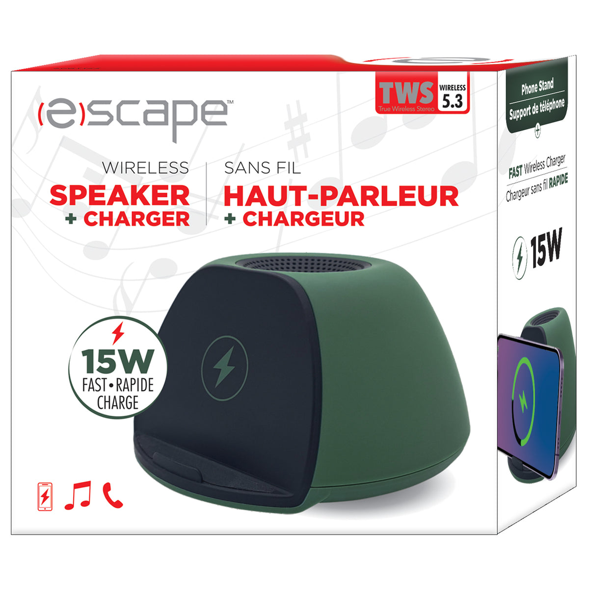 Escape Haut-Parleur Sans Fil avec Chargeur Sans Fil Rapide 15 W et Support de Téléphone, Vert - Simple Boutique