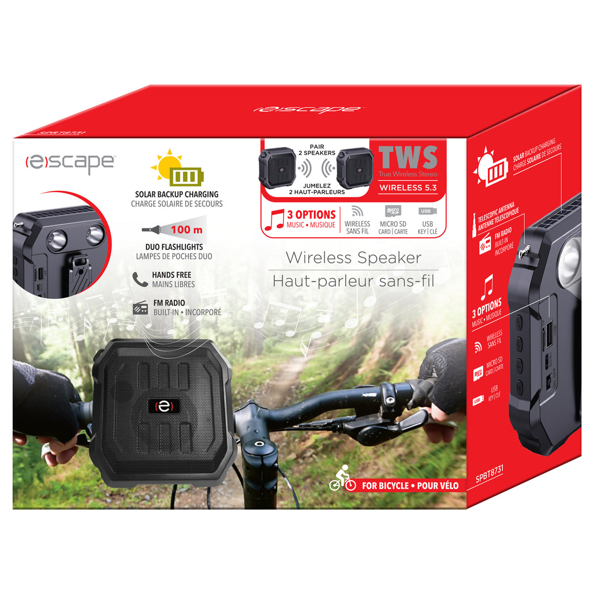 Escape Haut-Parleur Sans Fil pour Vélo avec Lampes Avant, Radio FM et Recharge Solaire, Noir - Simple Boutique