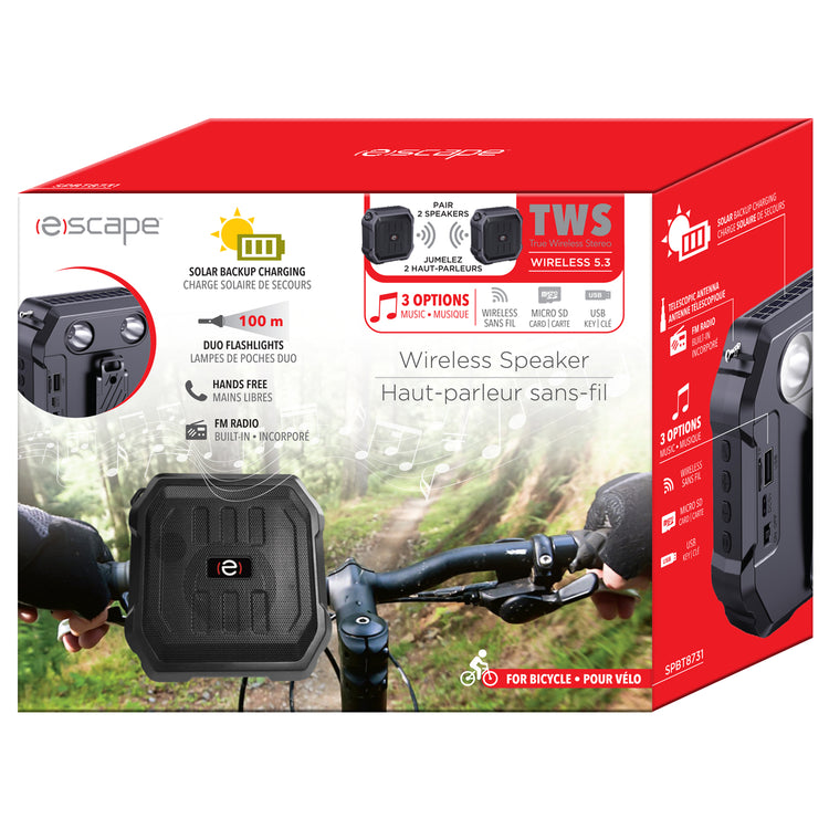 Escape Haut-Parleur Sans Fil pour Vélo avec Lampes Avant, Radio FM et Recharge Solaire, Noir - Simple Boutique