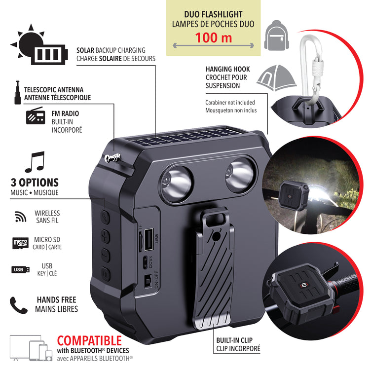 Escape Haut-Parleur Sans Fil pour Vélo avec Lampes Avant, Radio FM et Recharge Solaire, Noir - Simple Boutique
