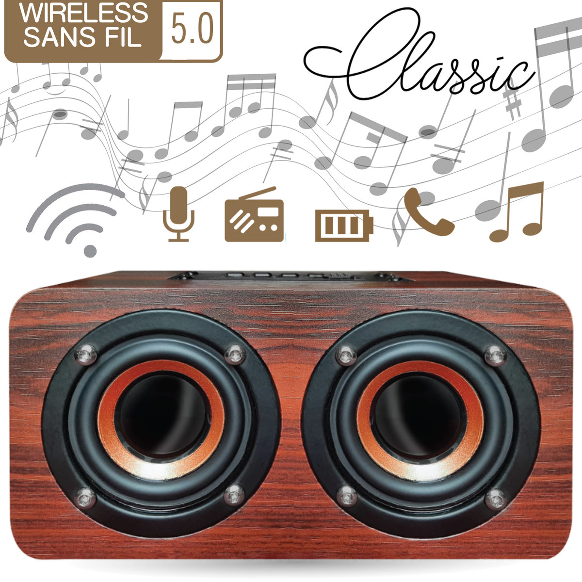 Escape Haut-Parleur Stéréo Sans Fil en Bois 6 W avec Radio FM et Microphone, Bois foncé - Simple Boutique
