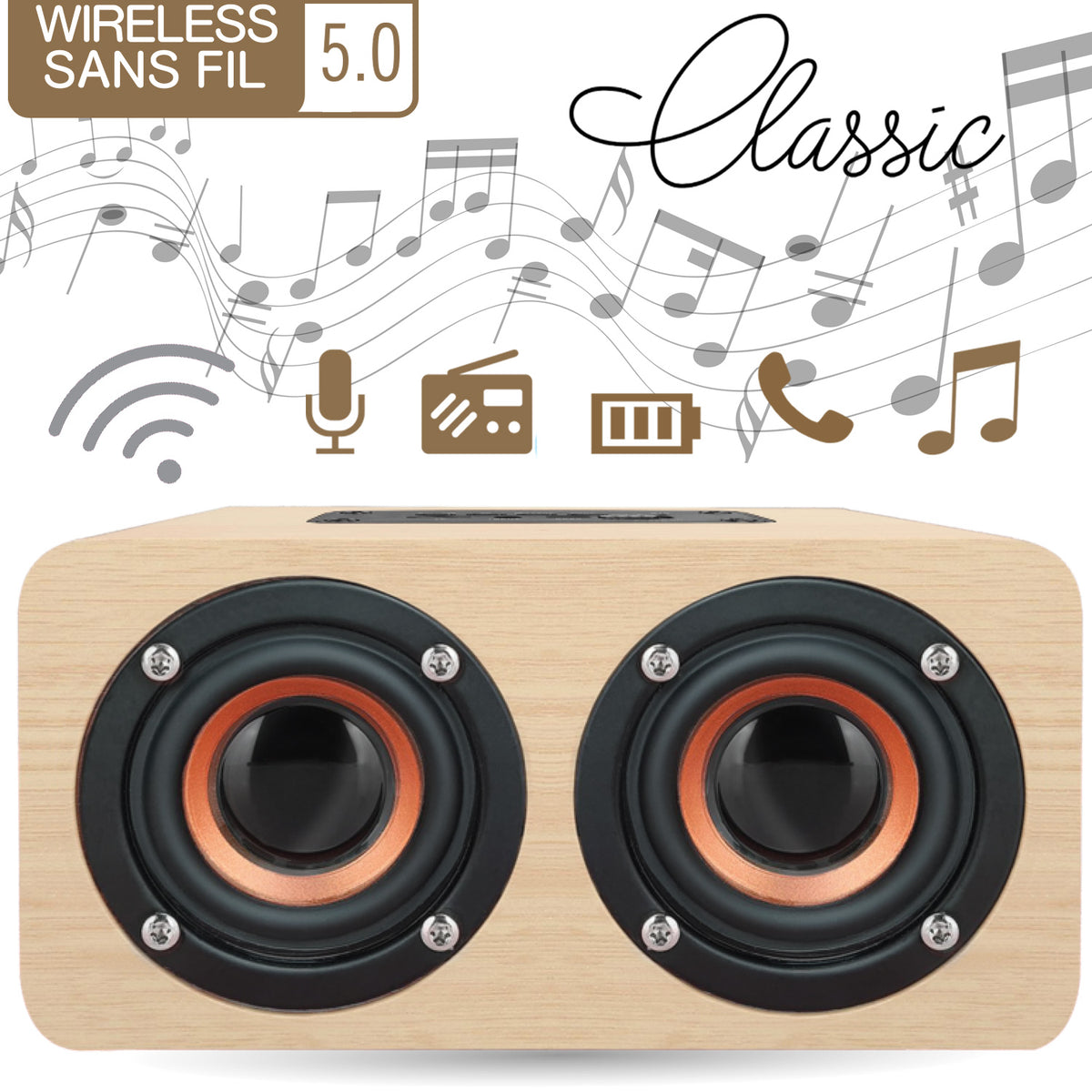 Escape Haut-Parleur Stéréo Sans Fil en Bois 6 W avec Radio FM et Microphone, Bois naturel clair - Simple Boutique