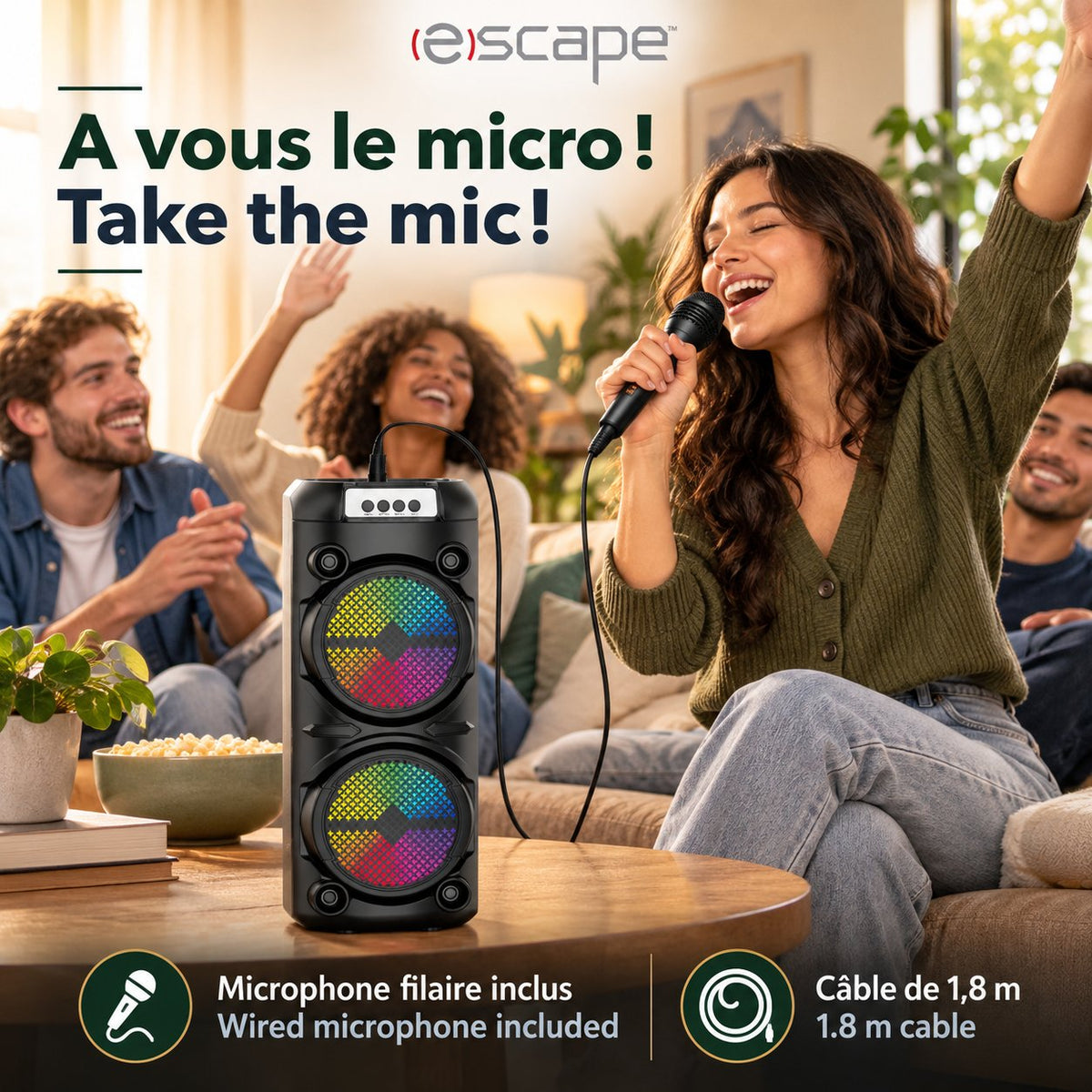 Escape Haut-Parleur de Fête Sans Fil 18 W avec Microphone Karaoké, Radio FM et Lumières DEL, Noir - Simple Boutique