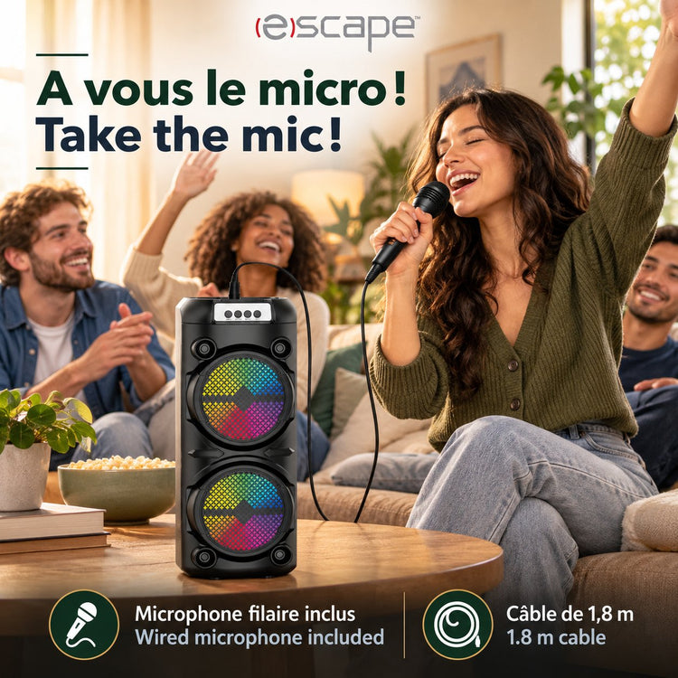 Escape Haut-Parleur de Fête Sans Fil 18 W avec Microphone Karaoké, Radio FM et Lumières DEL, Noir - Simple Boutique