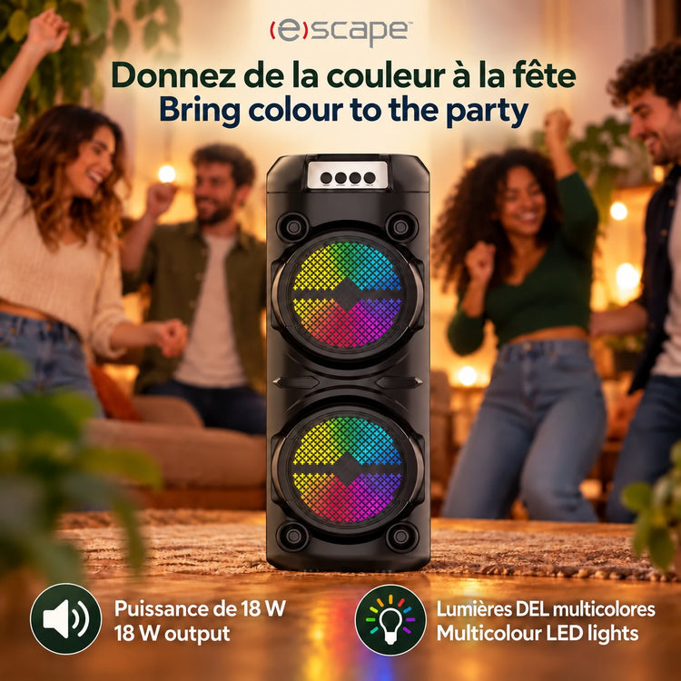 Escape Haut-Parleur de Fête Sans Fil 18 W avec Microphone Karaoké, Radio FM et Lumières DEL, Noir - Simple Boutique