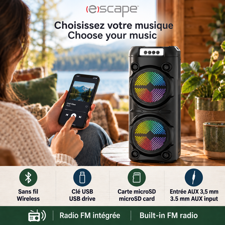 Escape Haut-Parleur de Fête Sans Fil 18 W avec Microphone Karaoké, Radio FM et Lumières DEL, Noir - Simple Boutique