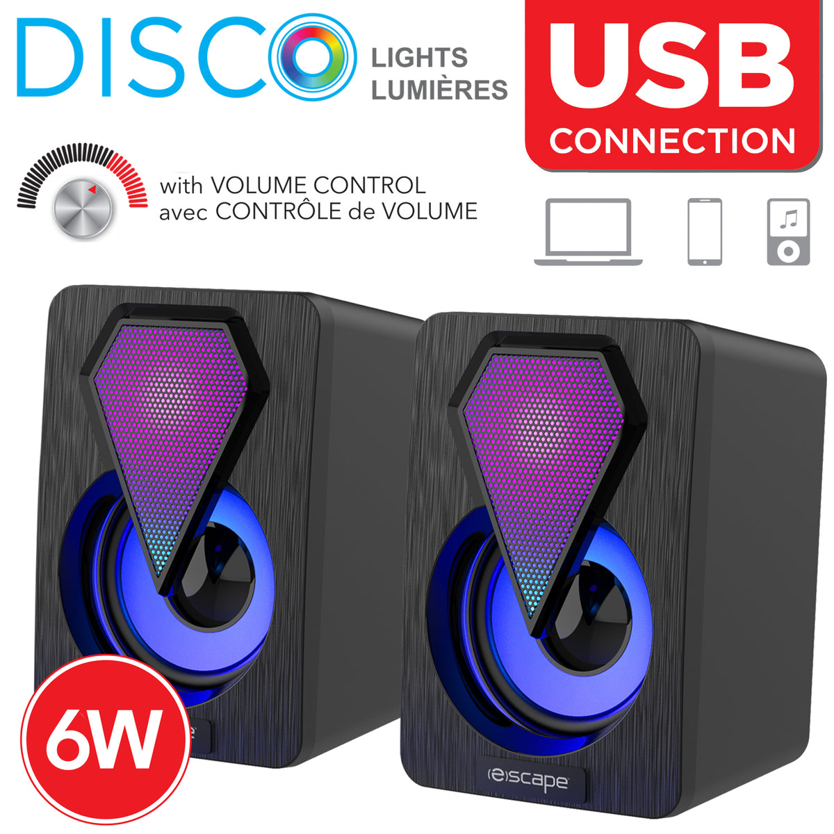 Escape Haut-Parleurs d'Ordinateur USB Stéréo 6 W avec Lumières DEL RVB, Noir - Simple Boutique