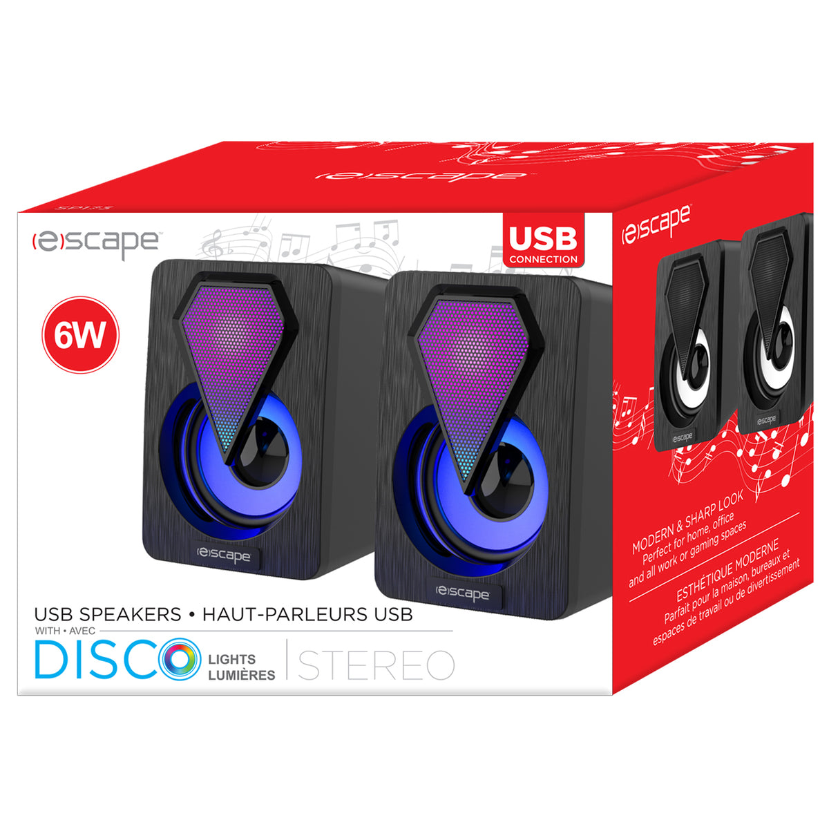 Escape Haut-Parleurs d'Ordinateur USB Stéréo 6 W avec Lumières DEL RVB, Noir - Simple Boutique