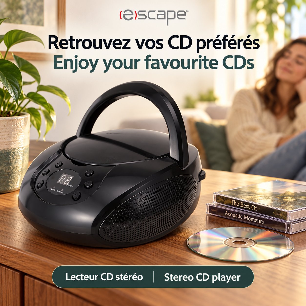 Escape Lecteur CD Portable Boombox Stéréo avec Radio AM/FM et Entrée AUX, Noir - Simple Boutique
