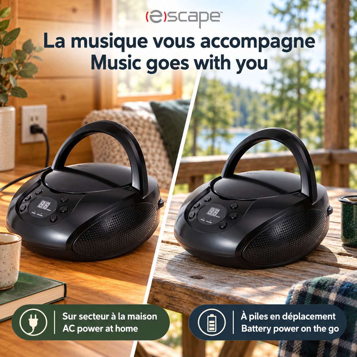 Escape Lecteur CD Portable Boombox Stéréo avec Radio AM/FM et Entrée AUX, Noir - Simple Boutique