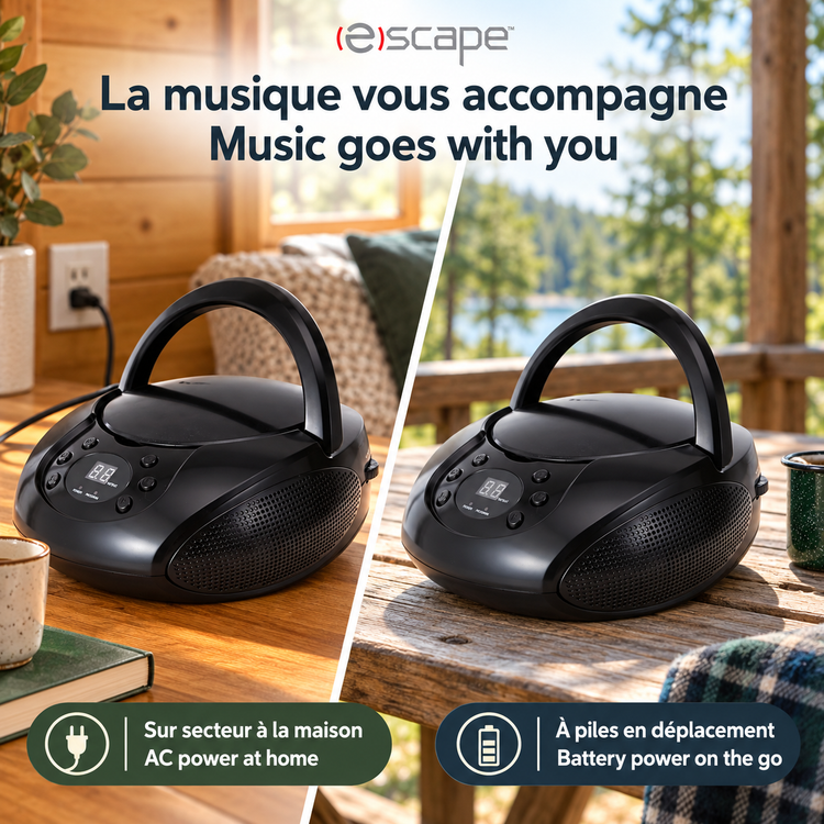 Escape Lecteur CD Portable Boombox Stéréo avec Radio AM/FM et Entrée AUX, Noir - Simple Boutique