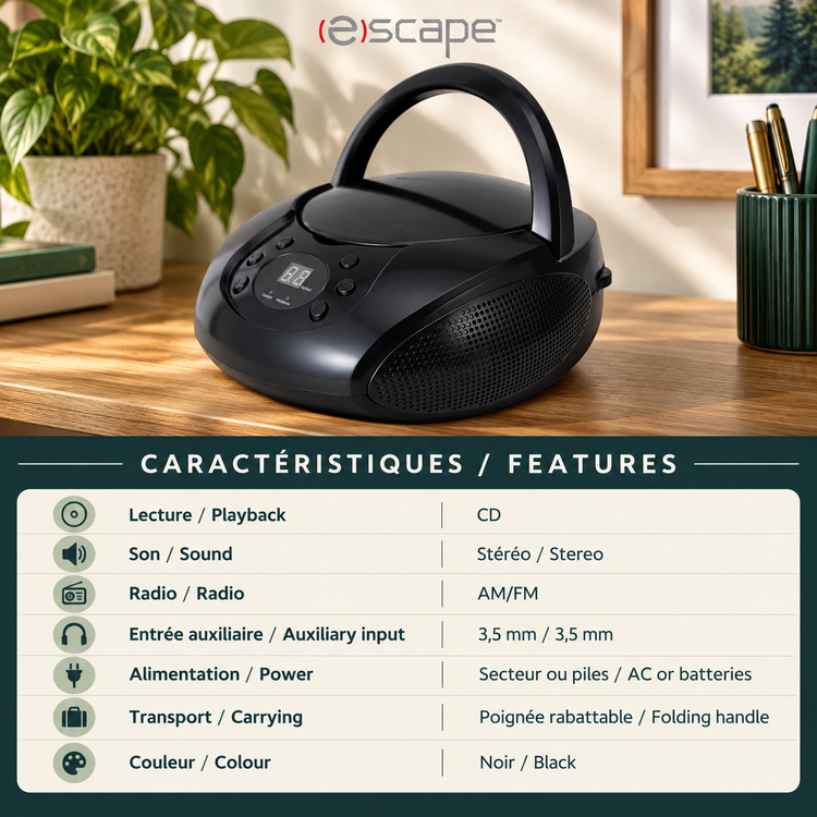 Escape Lecteur CD Portable Boombox Stéréo avec Radio AM/FM et Entrée AUX, Noir - Simple Boutique